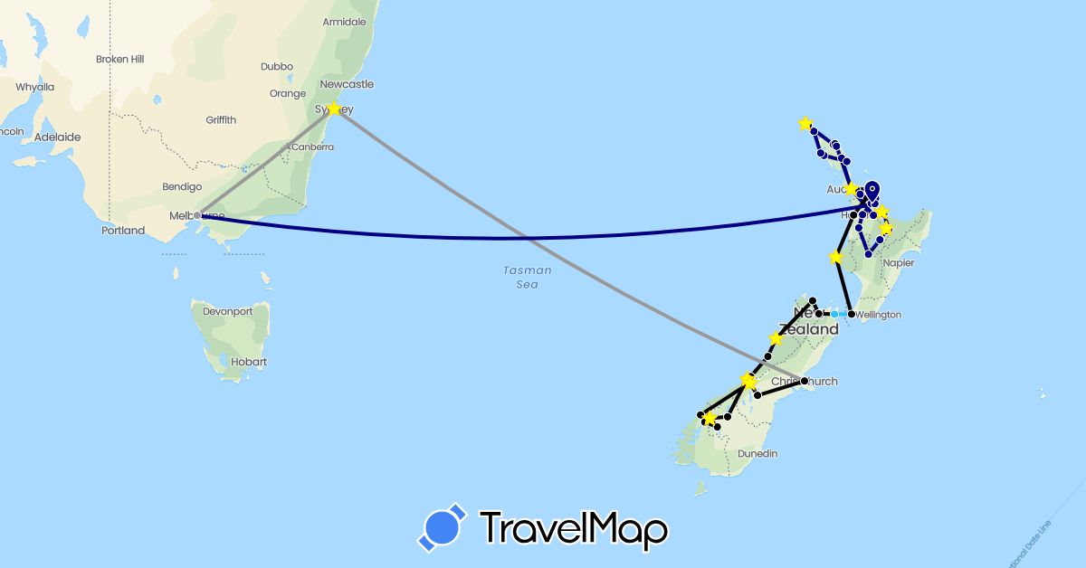 TravelMap itinerary: driving, plane, boat, van duo in Australia, New Zealand (Oceania)